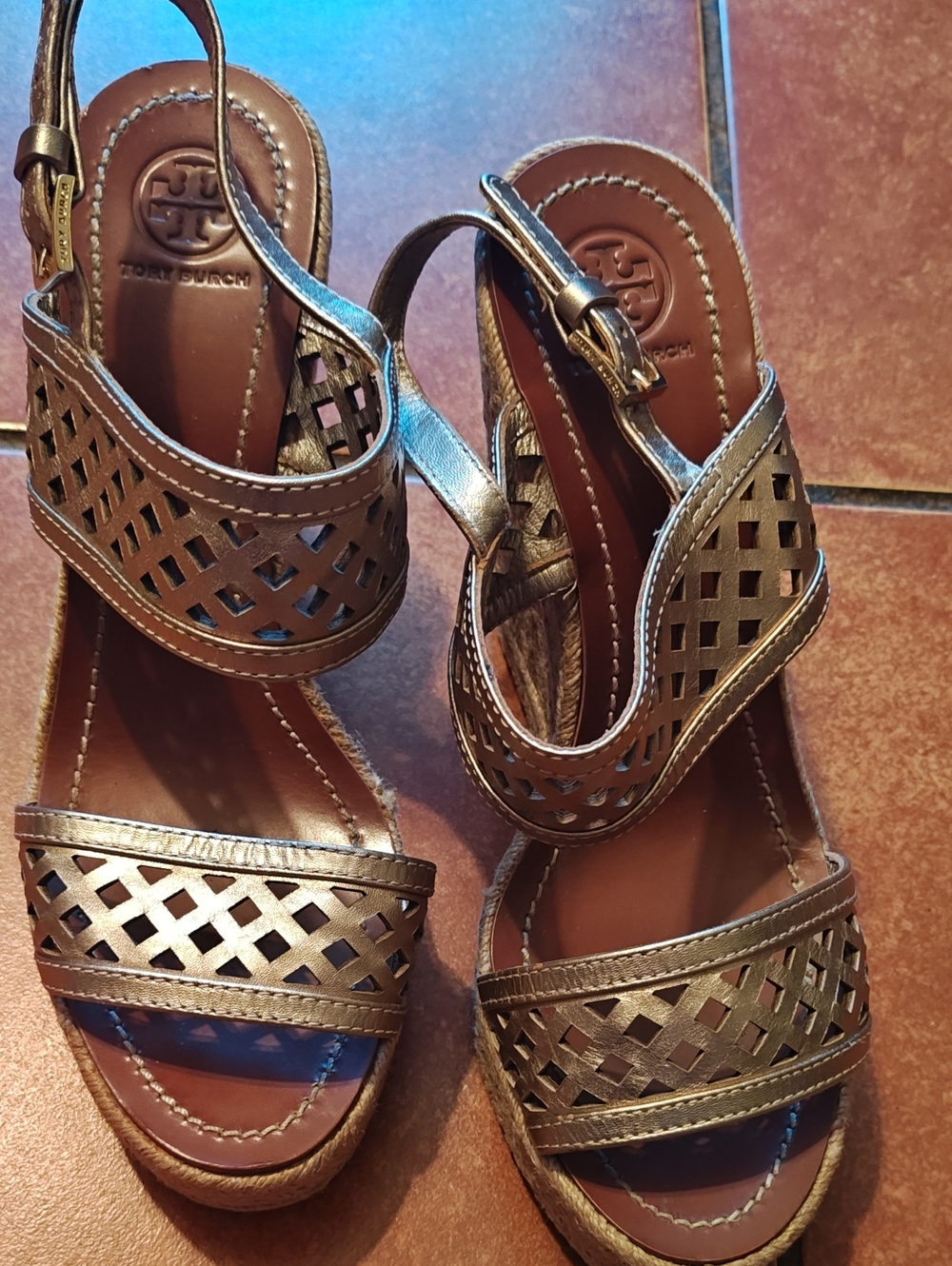 Tory Burch Metallic Bronze Laser-Cut Wedge Sandals